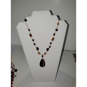 A Cat Eye Pendant Beaded Necklace Amber Wire Layered Bronzy Boho Jewelry